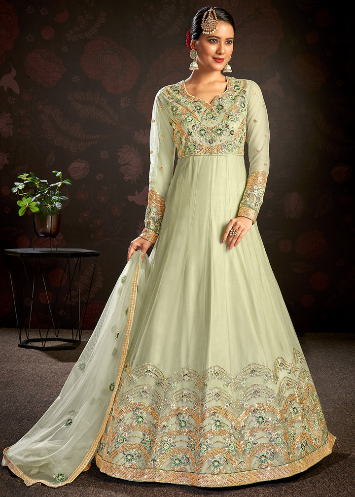 Buy Now Pastel Green Sparkly Net Embroidered Designer Anarkali Suit Online in USA, UK, Australia, New Zealand, Canada & Worldwide at Empress Clothing. 