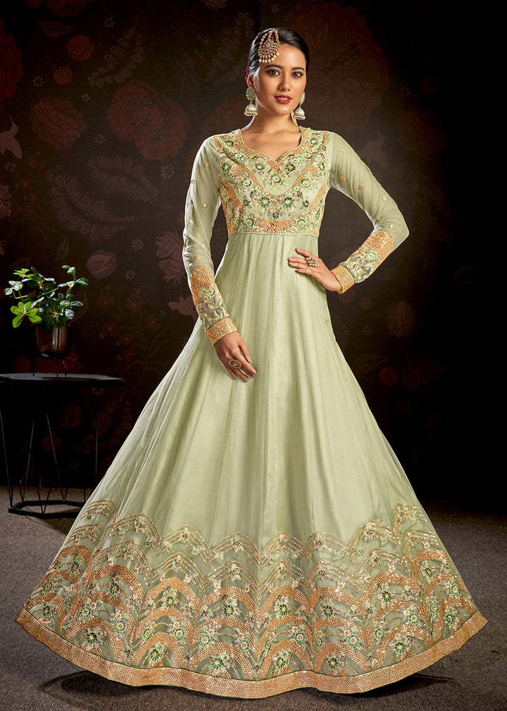 Buy Now Pastel Green Sparkly Net Embroidered Designer Anarkali Suit Online in USA, UK, Australia, New Zealand, Canada & Worldwide at Empress Clothing. 