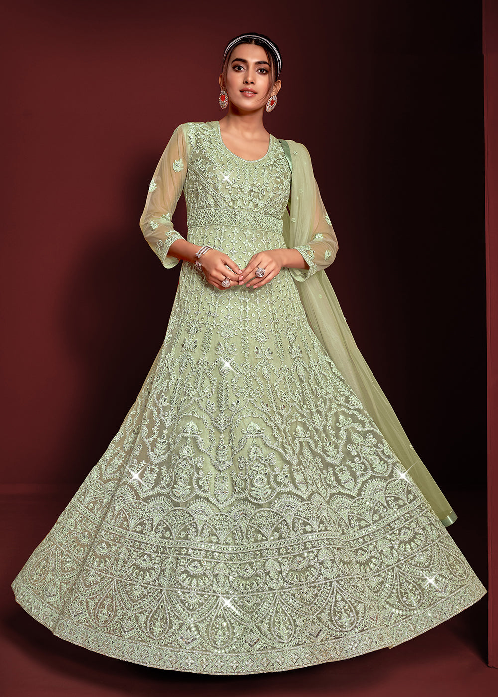 Buy Now Festive Party Style Sea Green Embroidered Net Anarkali Gown Online in USA, UK, Australia, New Zealand, Canada, Italy & Worldwide at Empress Clothing.