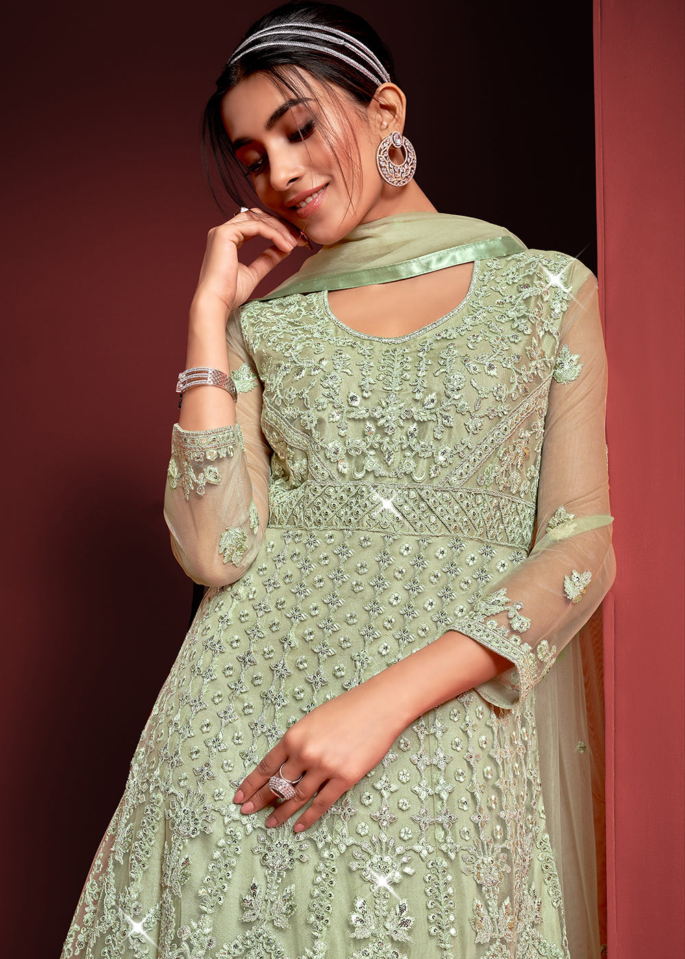 Buy Now Festive Party Style Sea Green Embroidered Net Anarkali Gown Online in USA, UK, Australia, New Zealand, Canada, Italy & Worldwide at Empress Clothing.