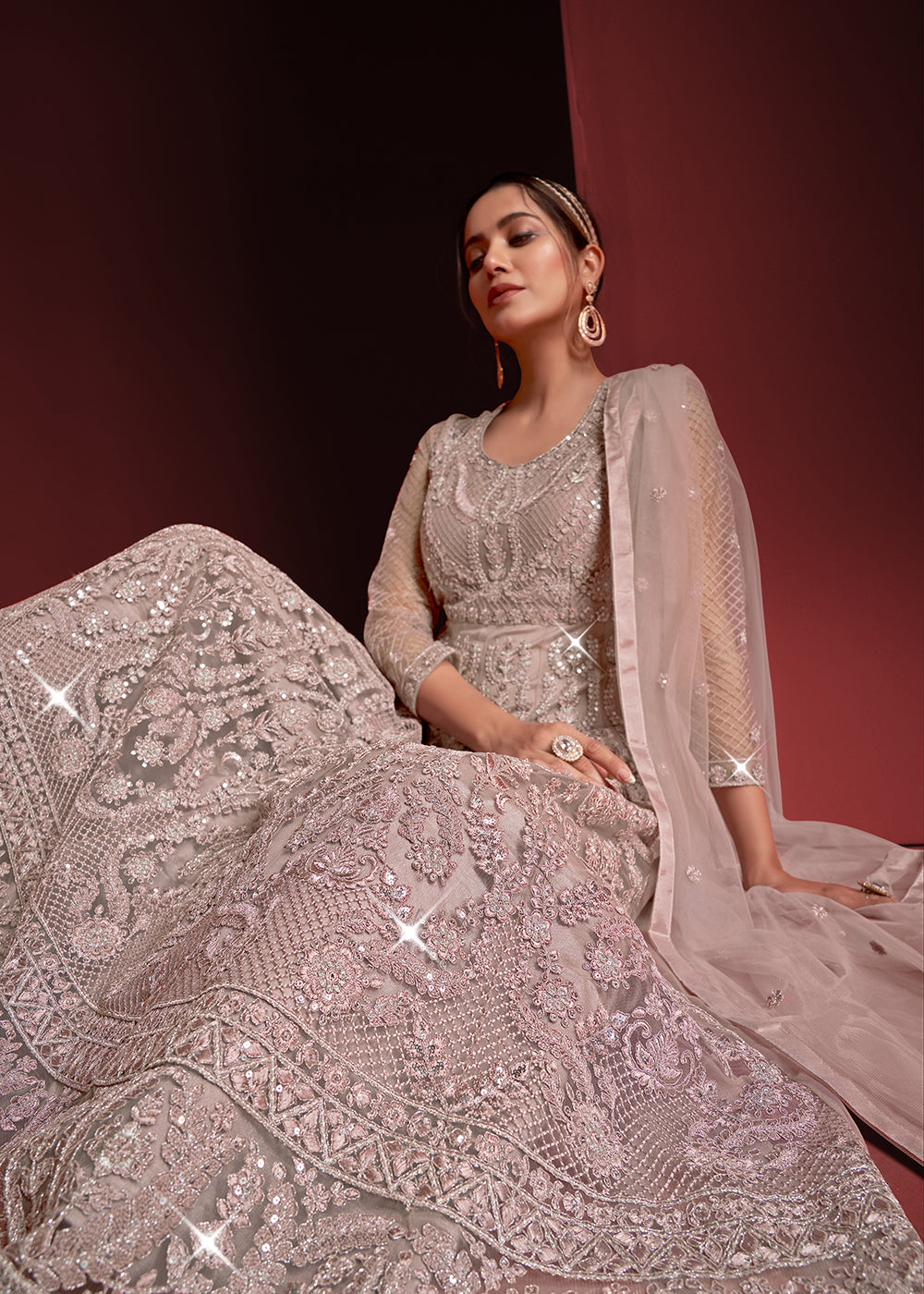 Buy Now Festive Party Style Mauve Embroidered Net Anarkali Gown Online in USA, UK, Australia, New Zealand, Canada, Italy & Worldwide at Empress Clothing. 
