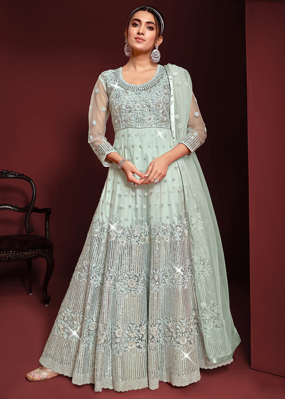 Buy Now Festive Party Style Light Blue Embroidered Net Anarkali Gown Online in USA, UK, Australia, New Zealand, Canada, Italy & Worldwide at Empress Clothing.