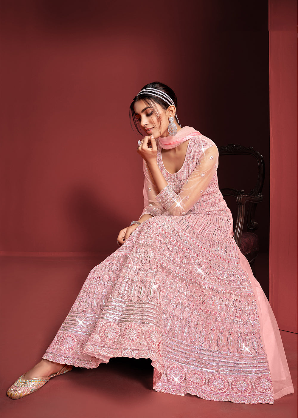 Buy Now Festive Party Style Soft Pink Embroidered Net Anarkali Gown Online in USA, UK, Australia, New Zealand, Canada, Italy & Worldwide at Empress Clothing.