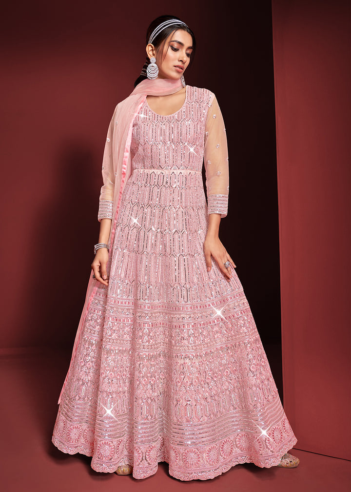Buy Now Festive Party Style Soft Pink Embroidered Net Anarkali Gown Online in USA, UK, Australia, New Zealand, Canada, Italy & Worldwide at Empress Clothing.