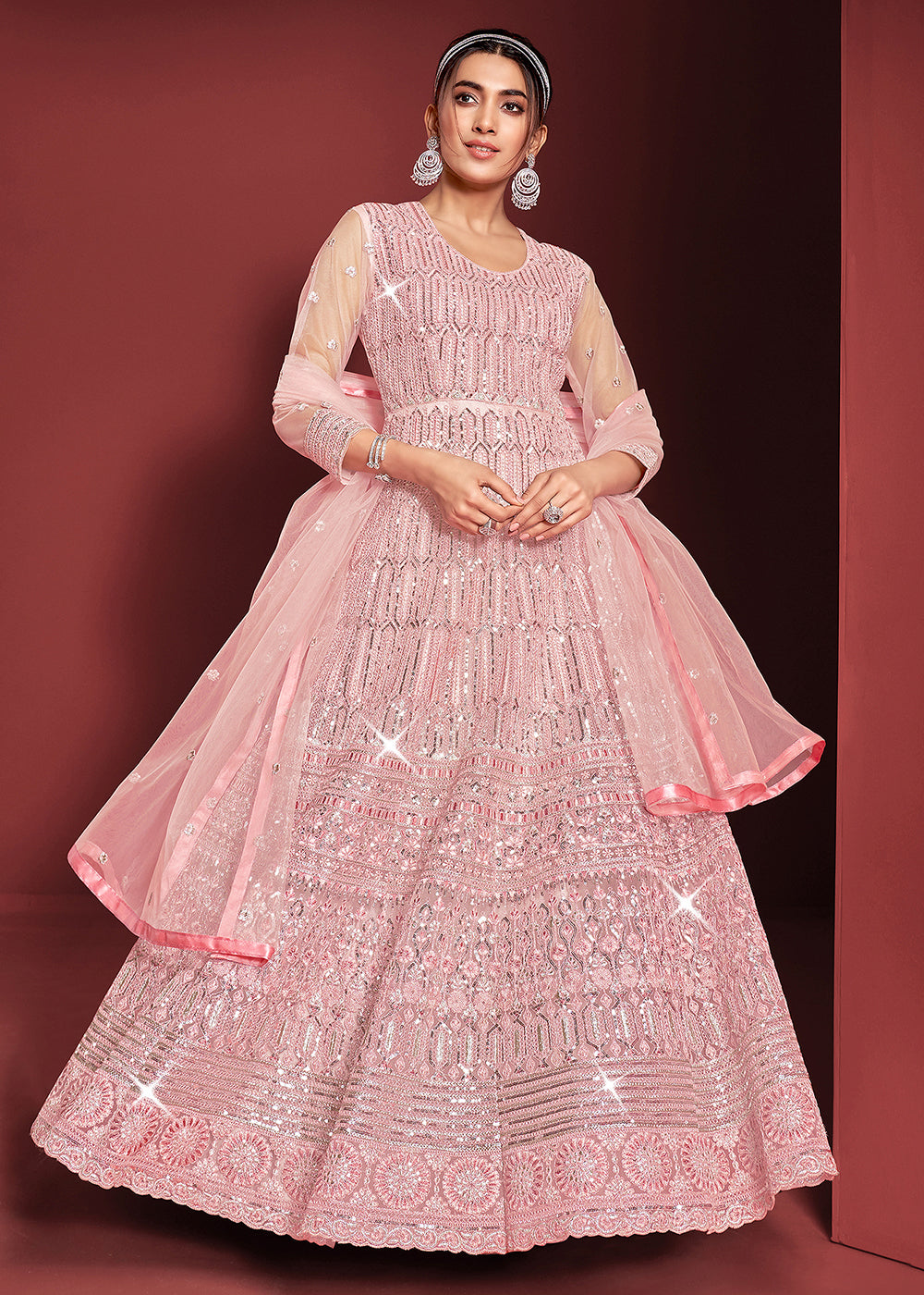 Buy Ballerina Pink Embroidered Gown With Net Dupatta For Women Online