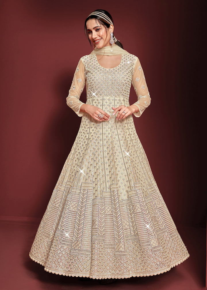 Buy Now Festive Party Style Light Cream Embroidered Net Anarkali Gown Online in USA, UK, Australia, New Zealand, Canada, Italy & Worldwide at Empress Clothing.