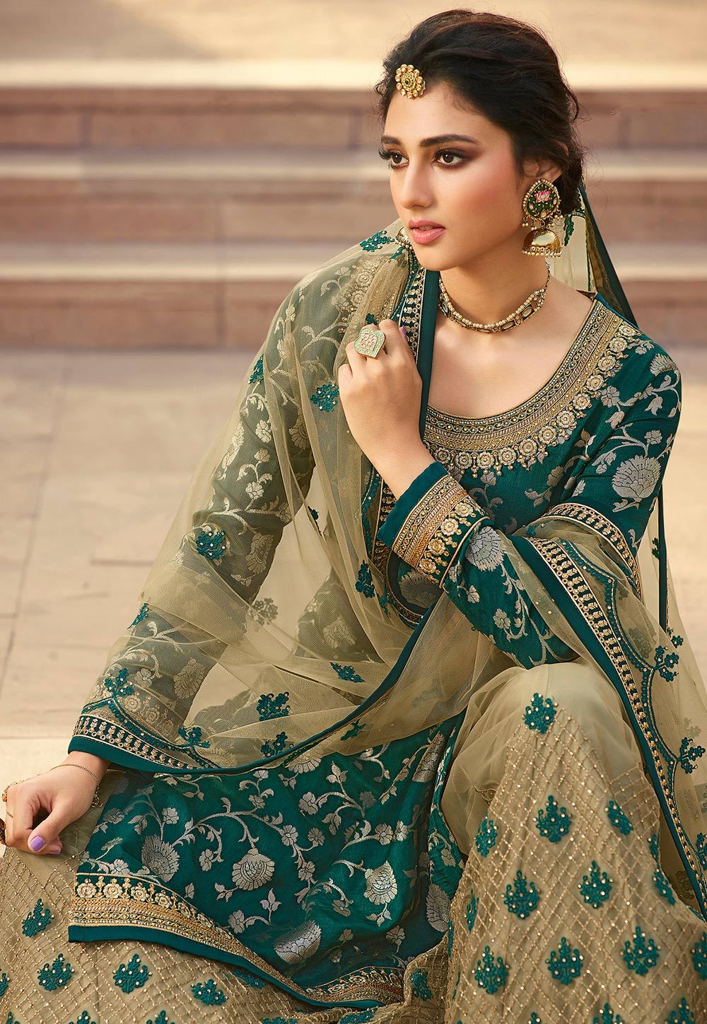 Buy Classy Teal Green Suit - Jacquard Silk Embroidered Palazzo Suit