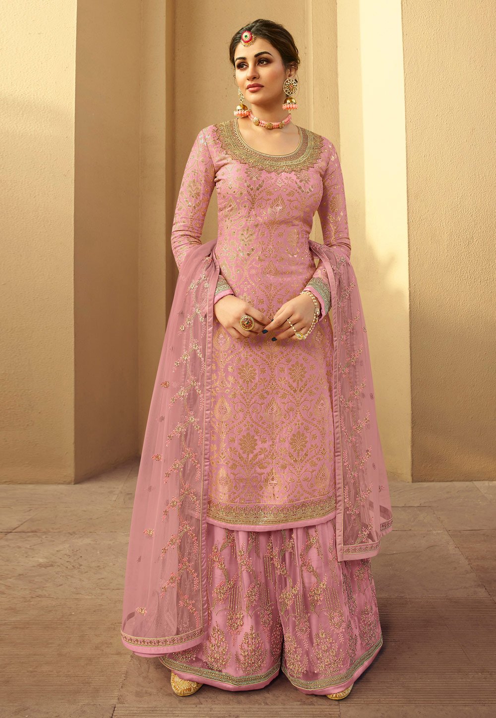 Buy Engrossing Pink Suit - Jacquard Silk Embroidered Palazzo Suit