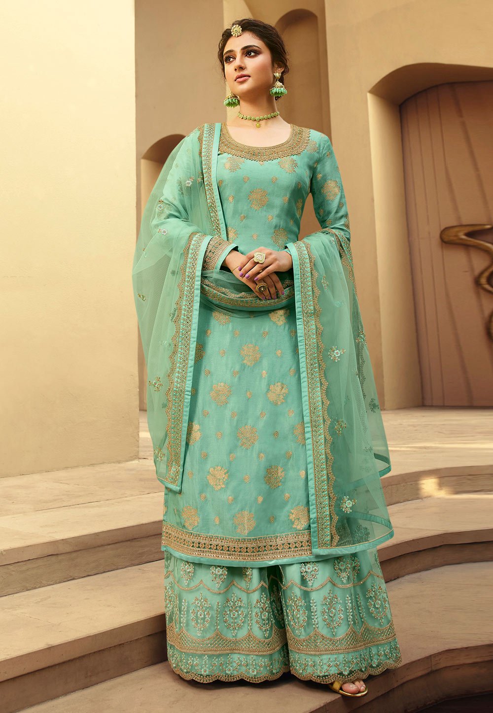 Buy Sea Green Suit - Jacquard Silk Embroidered Palazzo Suit