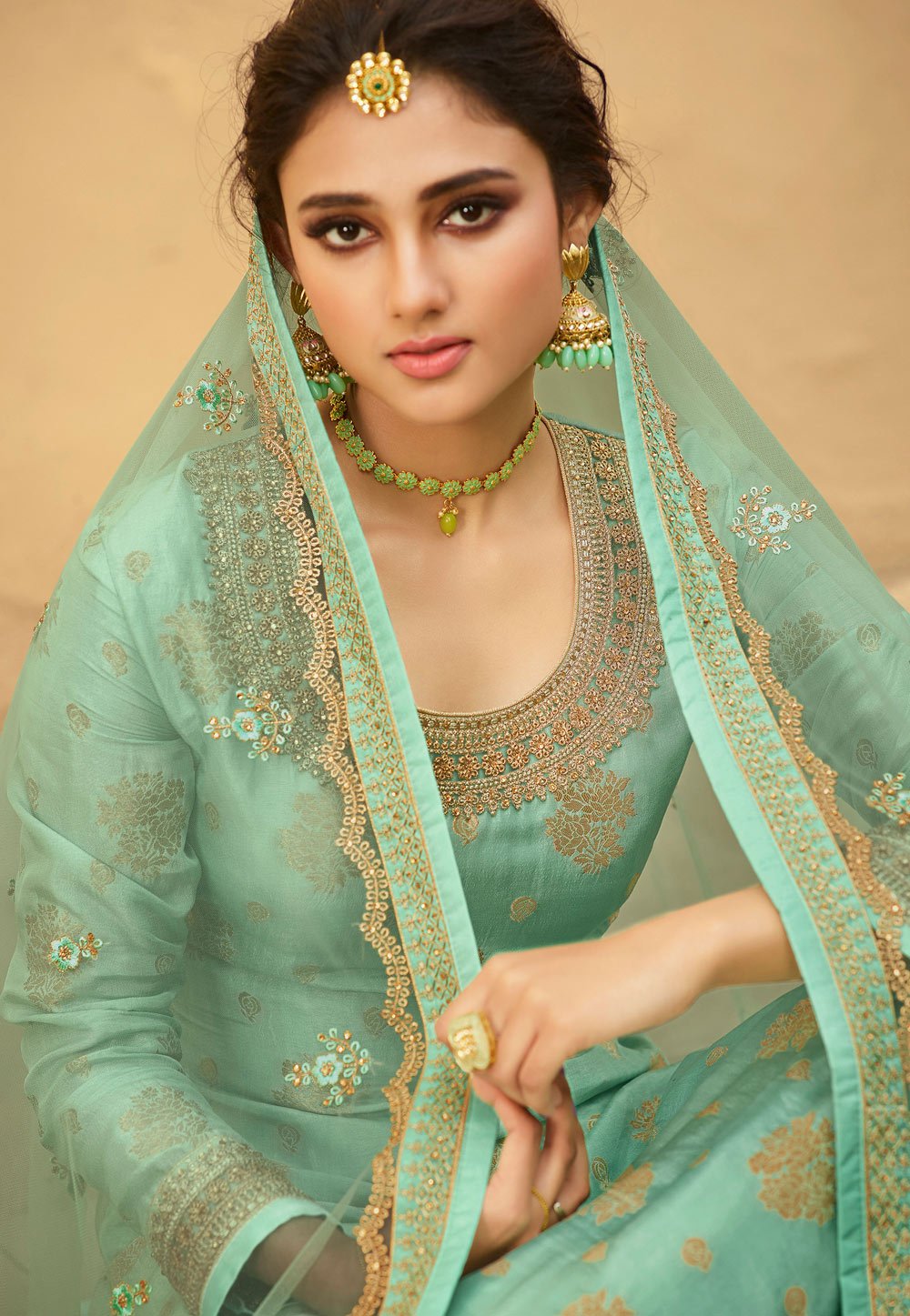 Buy Sea Green Suit - Jacquard Silk Embroidered Palazzo Suit