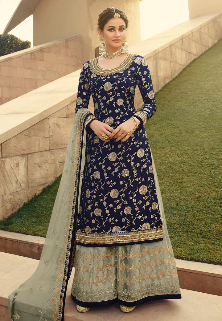 Buy Prime Blue Suit - Jacquard Silk Embroidered Palazzo Suit