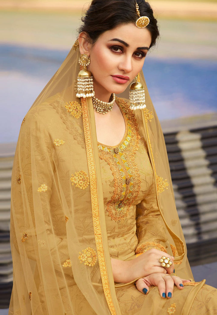Buy Golden Yellow Suit - Jacquard Silk Embroidered Palazzo Suit