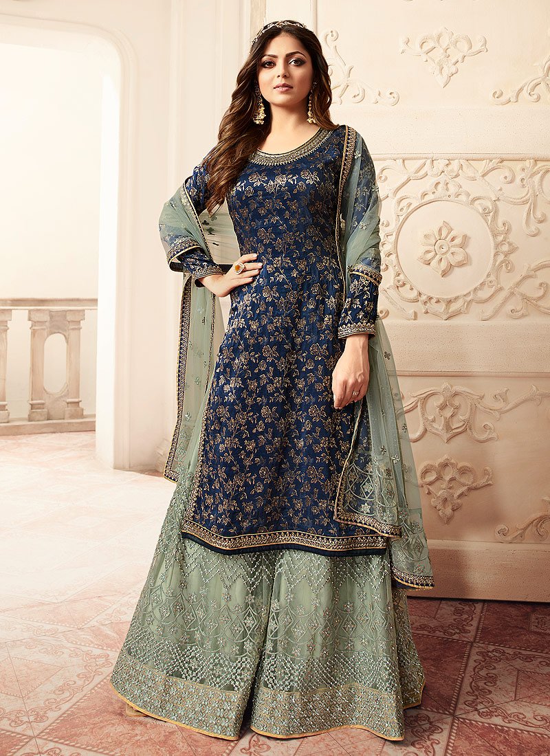 Attractive Blue Sharara - Embroidered Designer Jacquard Sharara Suit