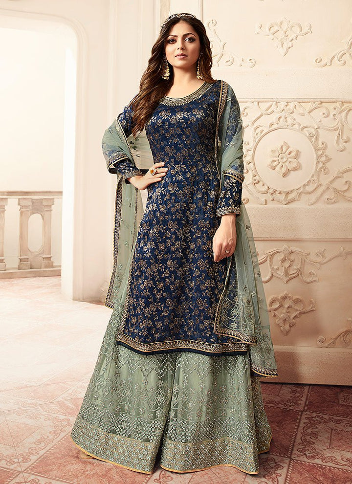 Attractive Blue Sharara - Embroidered Designer Jacquard Sharara Suit