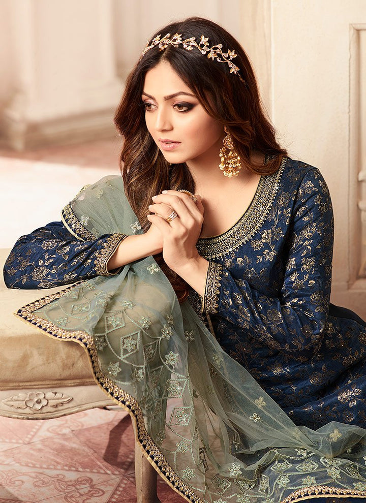 Attractive Blue Embroidered Designer Jacquard Sharara Suit