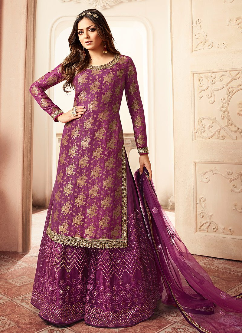 Beauteous Purple Sharara - Embroidered Designer Jacquard Sharara Suit
