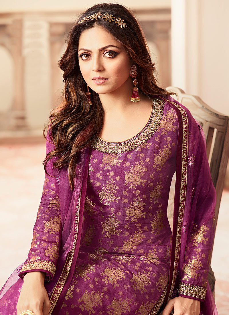 Beauteous Purple Embroidered Designer Jacquard Sharara Suit