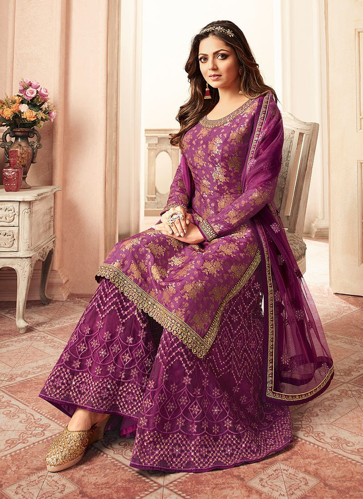 Beauteous Purple Embroidered Designer Jacquard Sharara Suit