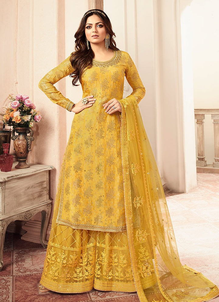 Sunshine Yellow Sharara - Embroidered Designer Jacquard Sharara Suit