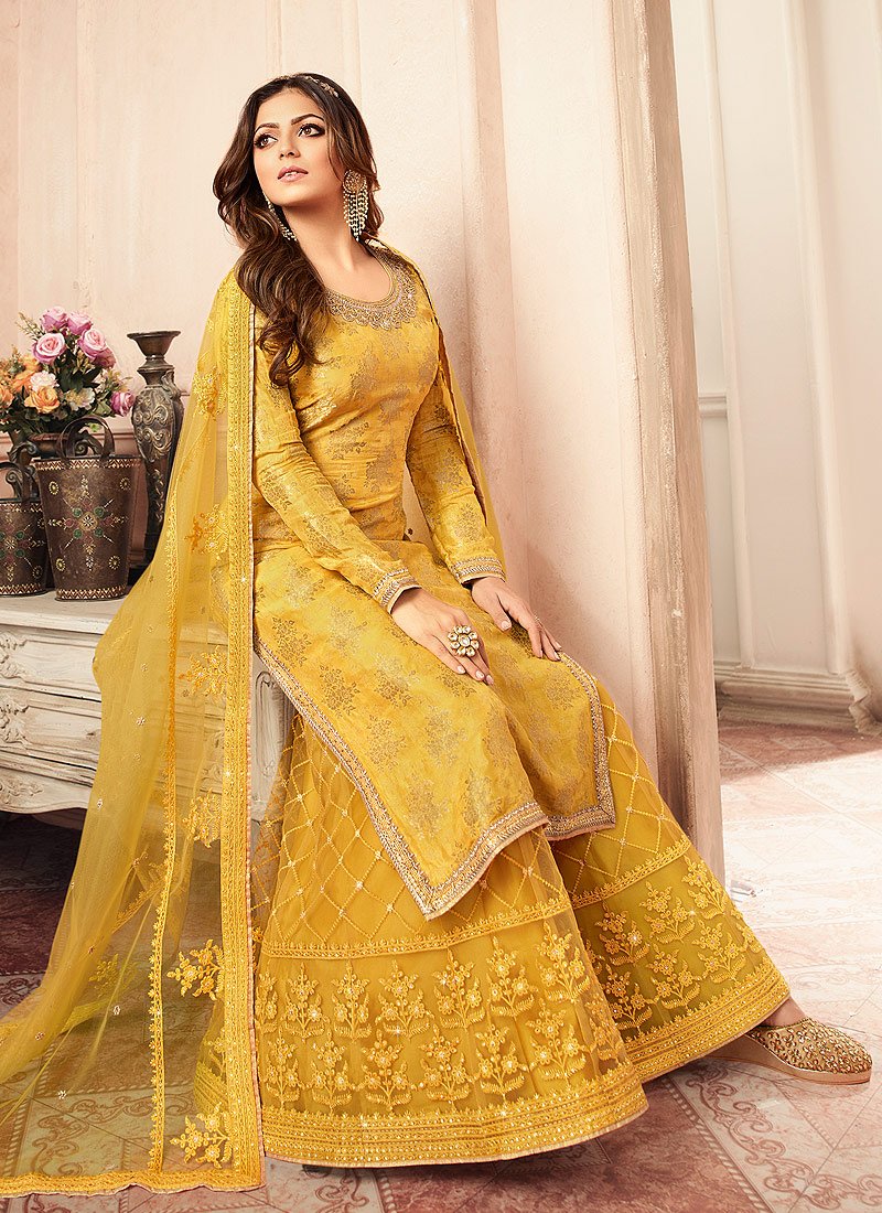 Sunshine Yellow Embroidered Designer Jacquard Sharara Suit