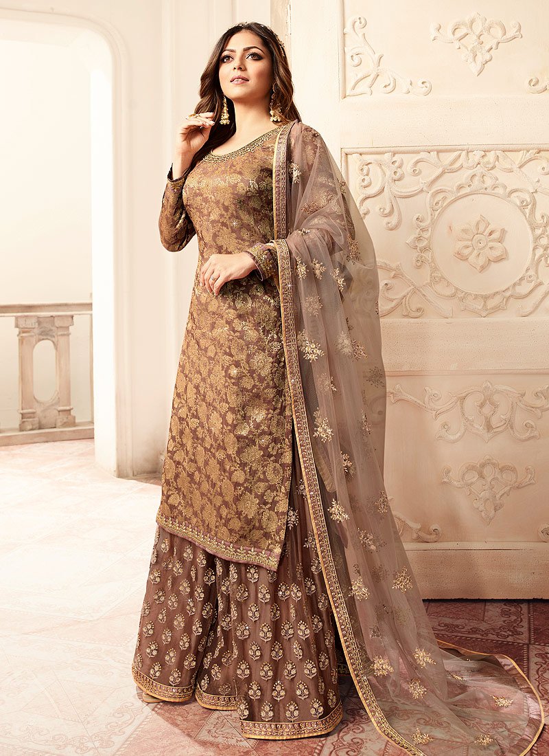 Subtle Brown Sharara - Embroidered Designer Jacquard Sharara Suit