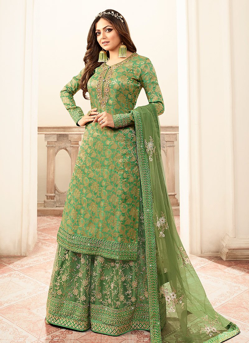 Dilettante Green Sharara - Embroidered Designer Jacquard Sharara Suit