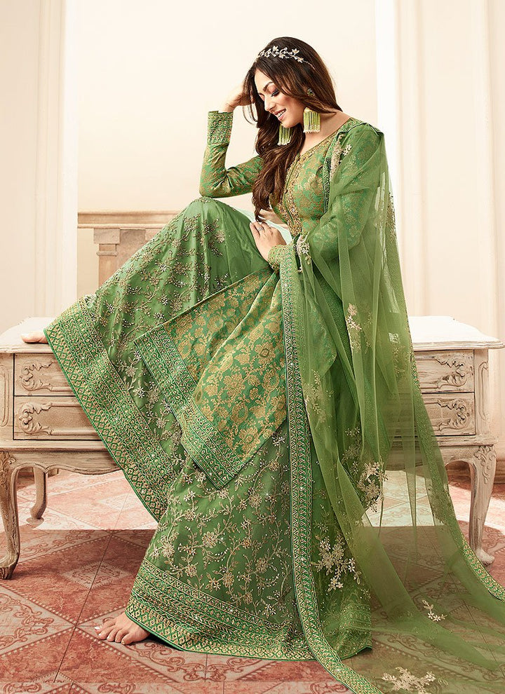 Dilettante Green Embroidered Designer Jacquard Sharara Suit