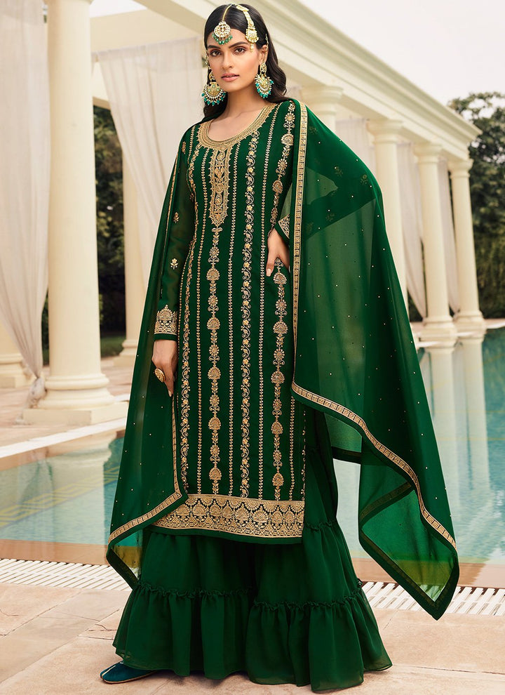 Buy Green & Gold Embroidered Sharara - Sequins Sharara Suit