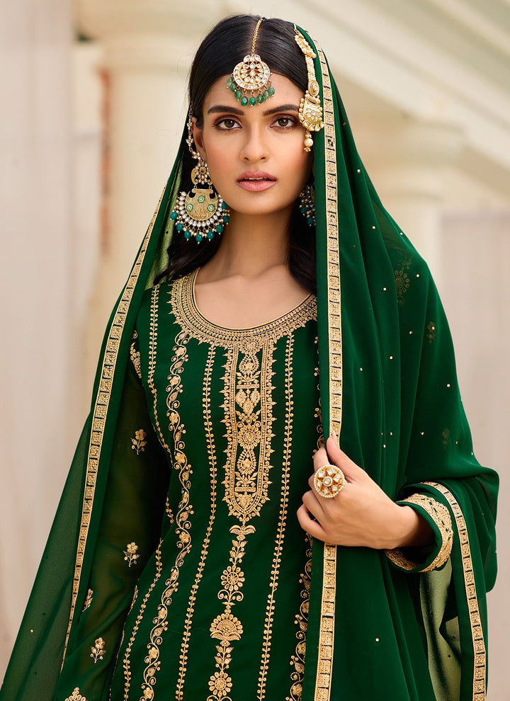 Buy Green & Gold Embroidered Sharara - Sequins Sharara Suit