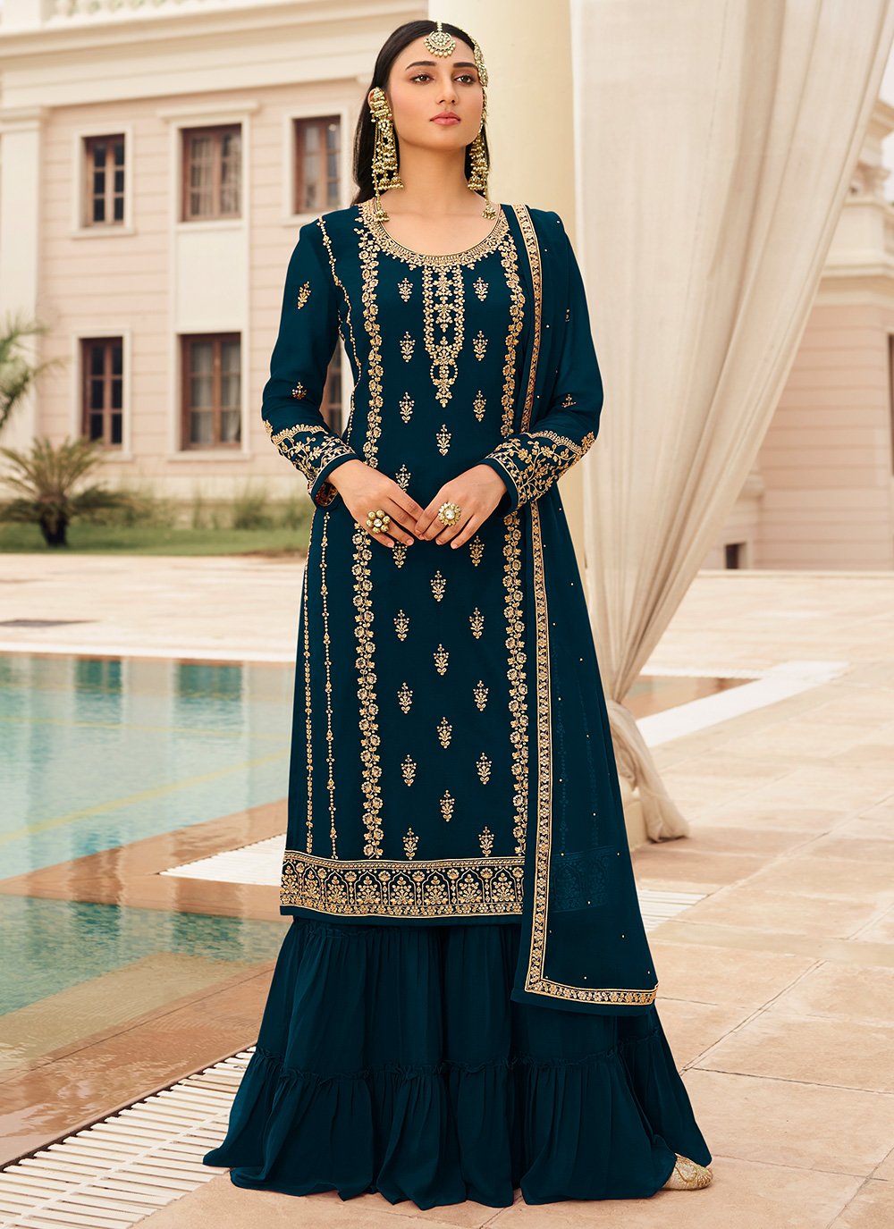 Buy Prussian Blue & Gold Embroidered Sharara - Sequins Sharara Suit