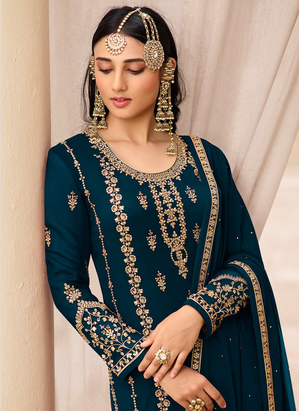 Buy Prussian Blue & Gold Embroidered Sharara - Sequins Sharara Suit