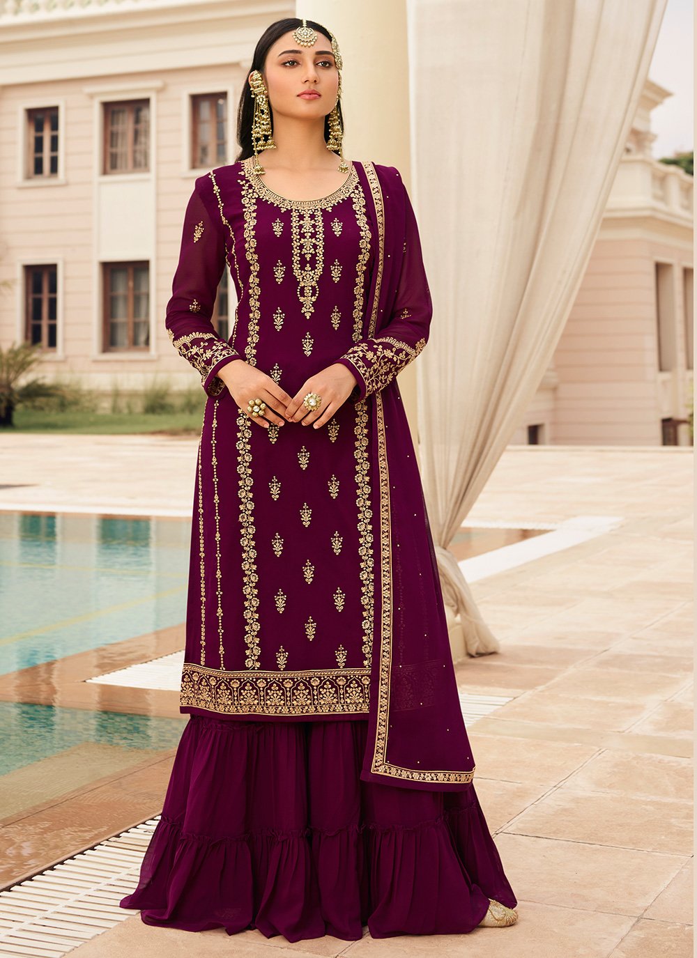 Buy Wine & Gold Embroidered Sharara - Sequins Sharara Suit