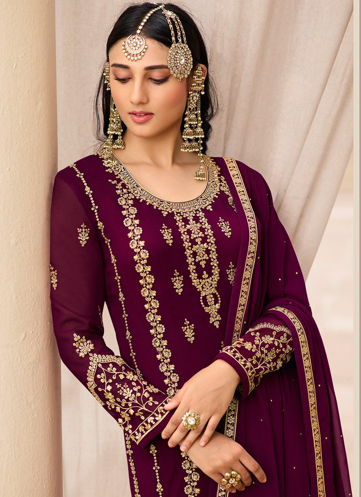 Buy Wine & Gold Embroidered Sharara - Sequins Sharara Suit