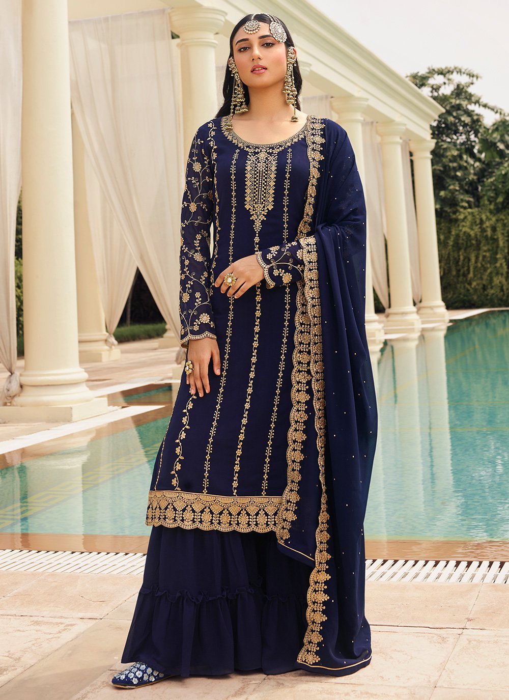 Buy Dark Blue & Gold Embroidered Sharara - Sequins Sharara Suit