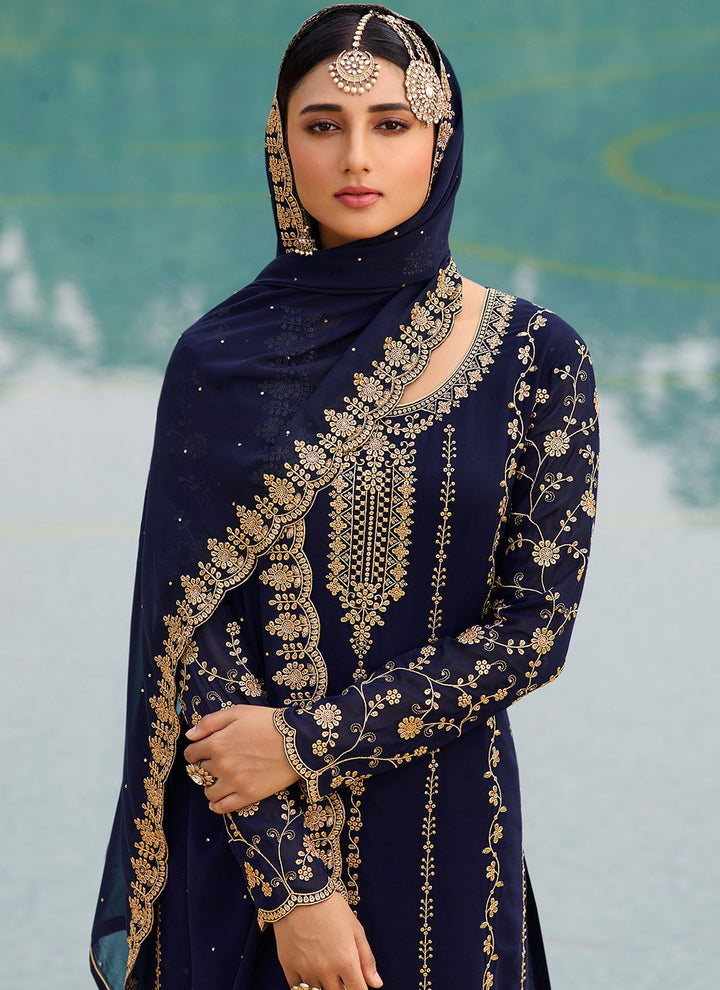 Buy Dark Blue & Gold Embroidered Sharara - Sequins Sharara Suit