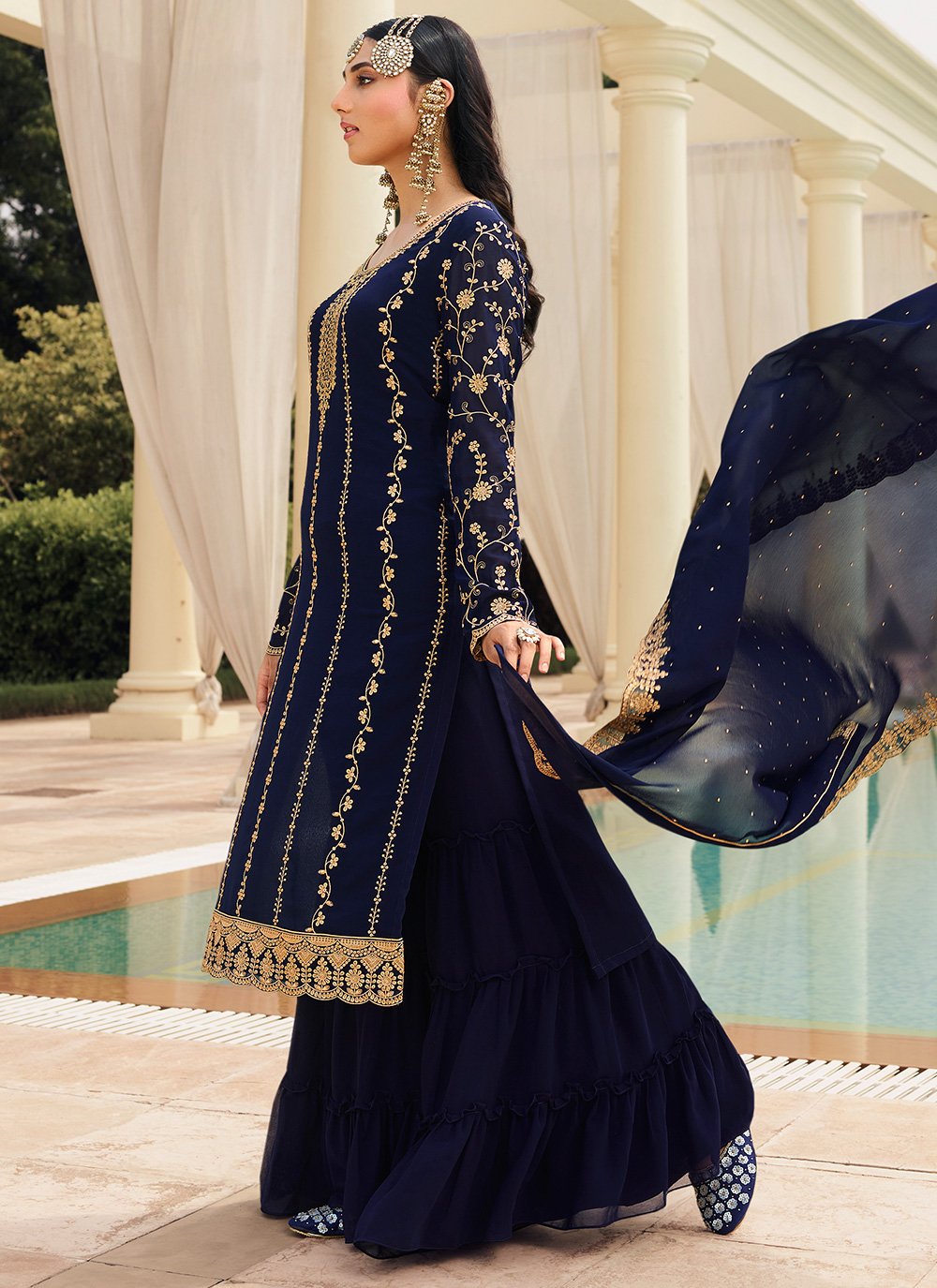 Buy Dark Blue & Gold Embroidered Sharara - Sequins Sharara Suit Empress Clothing Buy Dark Blue & Gold Embroidered Sharara - Sequins Sharara Suit Empress Clothing