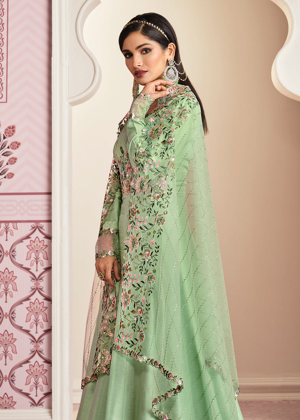 Buy Pastel Green Art Silk Anarkali - Indian Embroidered Anarkali