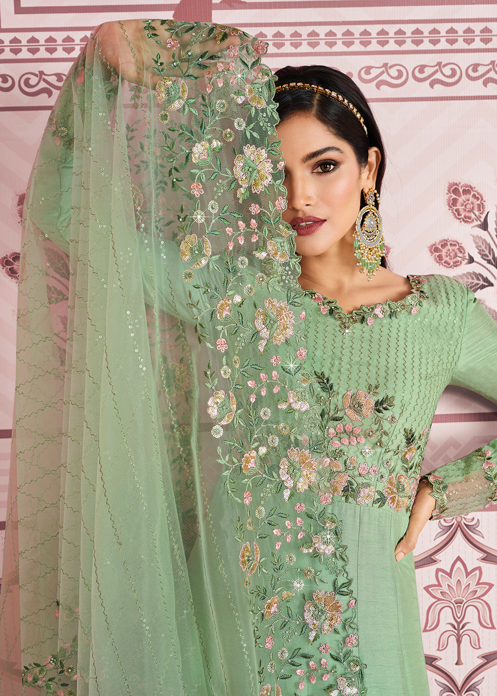 Buy Pastel Green Art Silk Anarkali - Indian Embroidered Anarkali