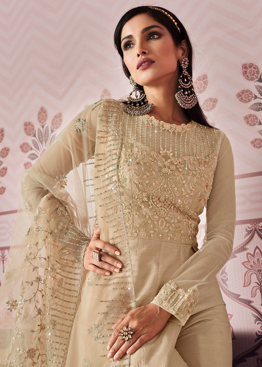Buy Reception Wear Beige Net Embroidery Work Anarkali Suit Online From  Surat Wholesale Shop.