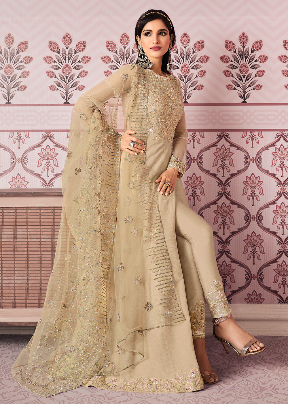 Buy Pretty Beige Art Silk Fabric Anarkali - Indian Embroidered Anarkali