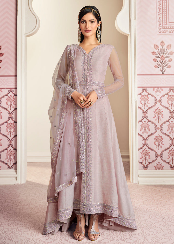 Buy Lovely Lilac Art Silk Fabric Anarkali- Indian Embroidered Anarkali