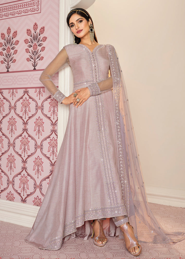 Buy Lovely Lilac Art Silk Fabric Anarkali- Indian Embroidered Anarkali