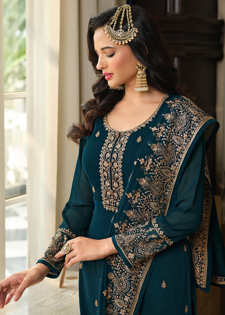 Shop Now Lovely Teal Blue Embroidered Georgette Pakistani Gharara Suit Online at Empress Clothing in USA, UK, Canada, Germany & Worldwide.