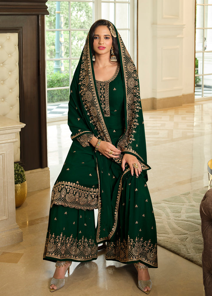 Shop Now Lovely Green Embroidered Georgette Pakistani Gharara Suit Online at Empress Clothing in USA, UK, Canada, Germany & Worldwide.