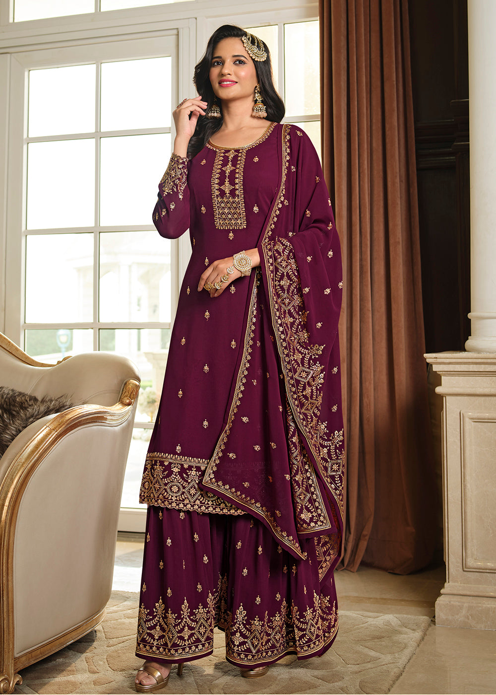 Shop Now Lovely Plum Wine Embroidered Georgette Pakistani Gharara Suit Online at Empress Clothing in USA, UK, Canada, Germany & Worldwide.