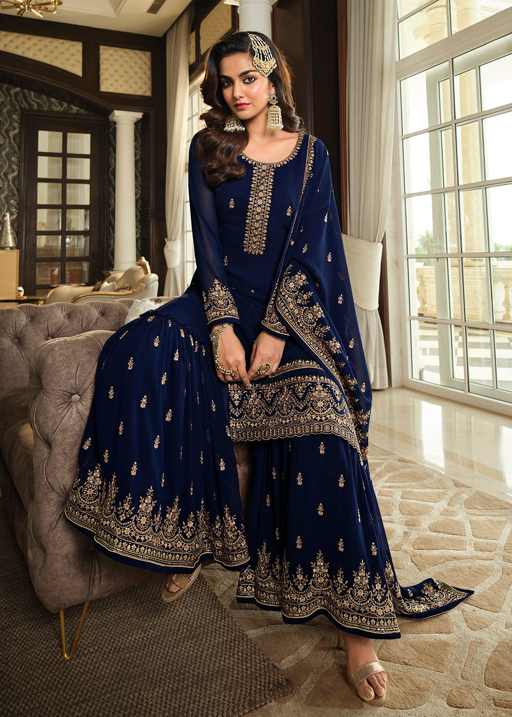 Shop Now Lovely Blue Embroidered Georgette Pakistani Gharara Suit Online at Empress Clothing in USA, UK, Canada, Germany & Worldwide.