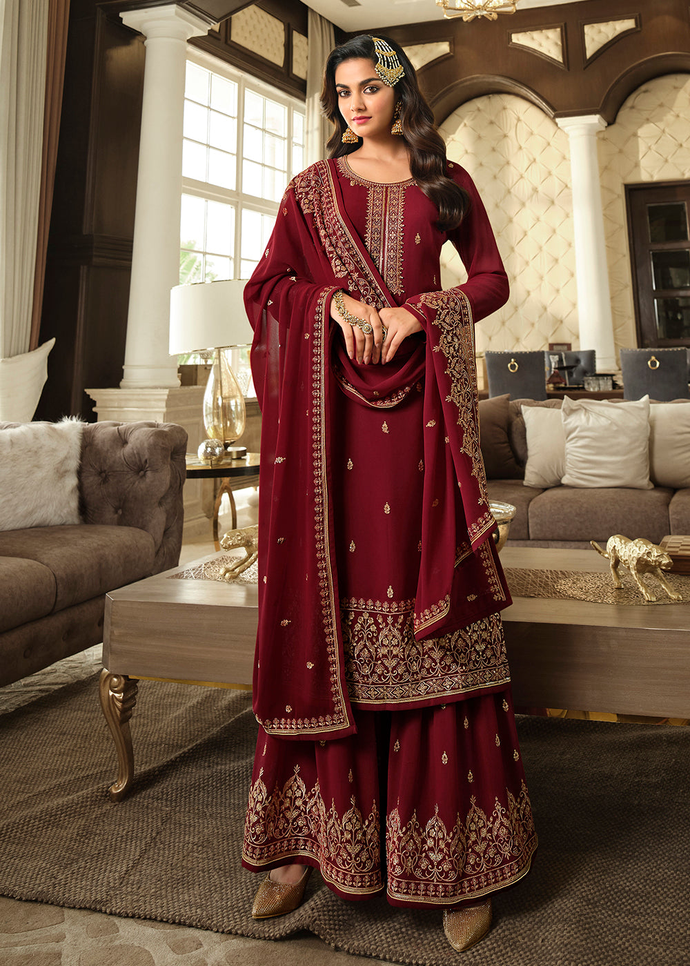 Shop Now Lovely Maroon Embroidered Georgette Pakistani Gharara Suit Online at Empress Clothing in USA, UK, Canada, Germany & Worldwide.
