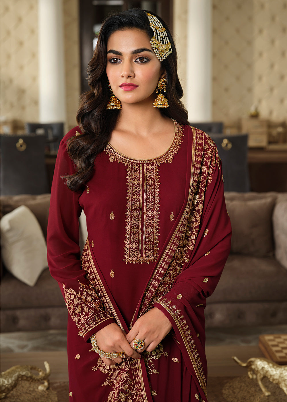 Buy Pakistani Gharara Suit - Maroon Embroidered Georgette Gharara Suit ...