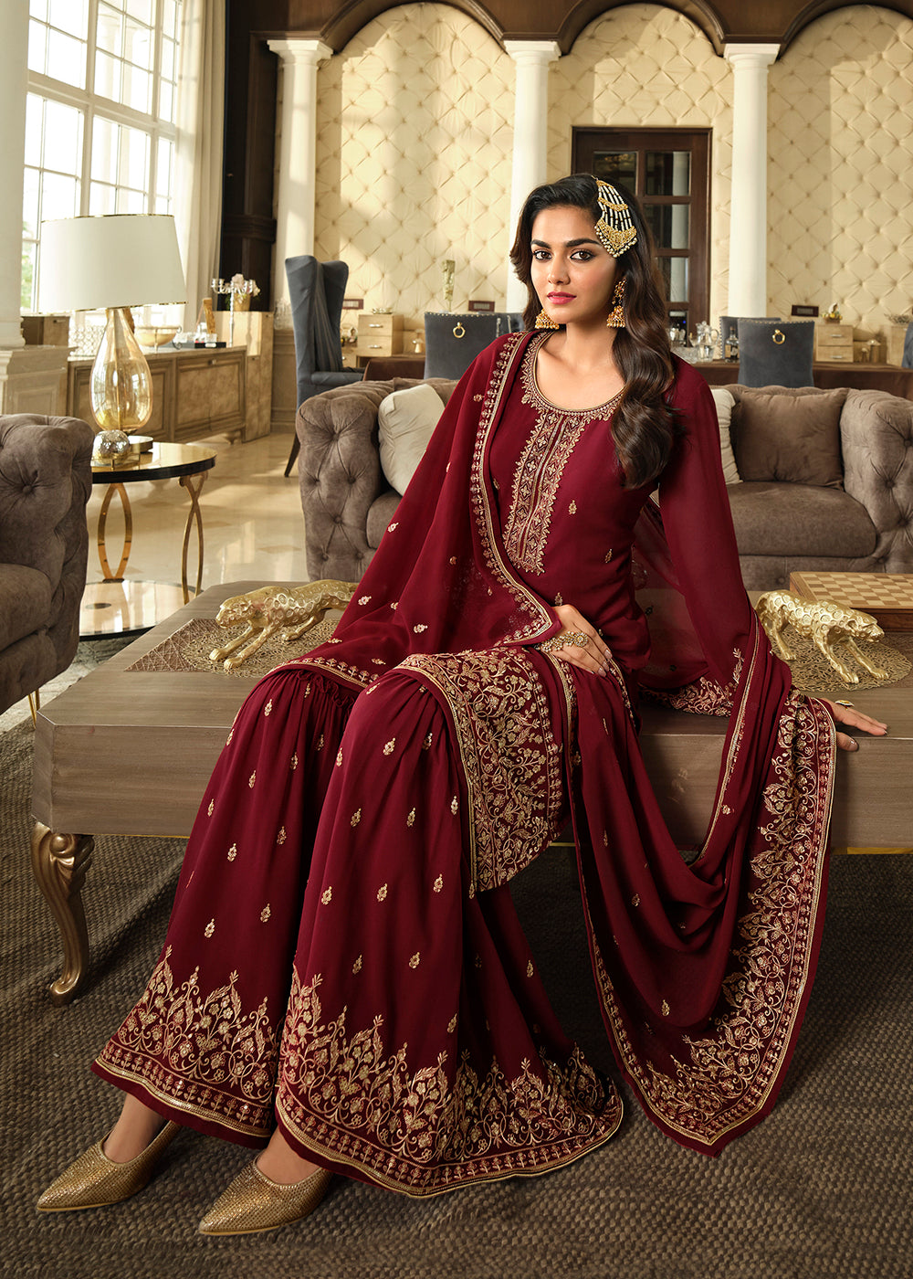 Shop Now Lovely Maroon Embroidered Georgette Pakistani Gharara Suit Online at Empress Clothing in USA, UK, Canada, Germany & Worldwide.