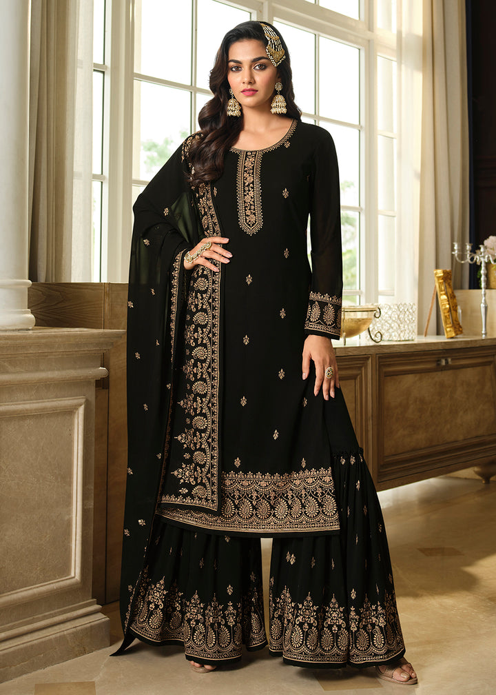 Shop Now Lovely Black Embroidered Georgette Pakistani Gharara Suit Online at Empress Clothing in USA, UK, Canada, Germany & Worldwide. 